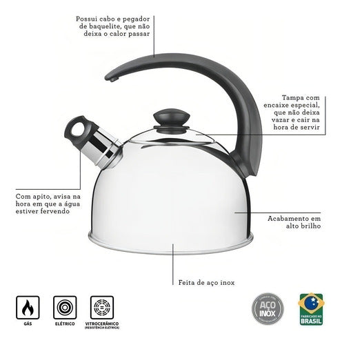 Chaleira Tramontina Com Apito Aço Inox 2,1 Litros 61483013