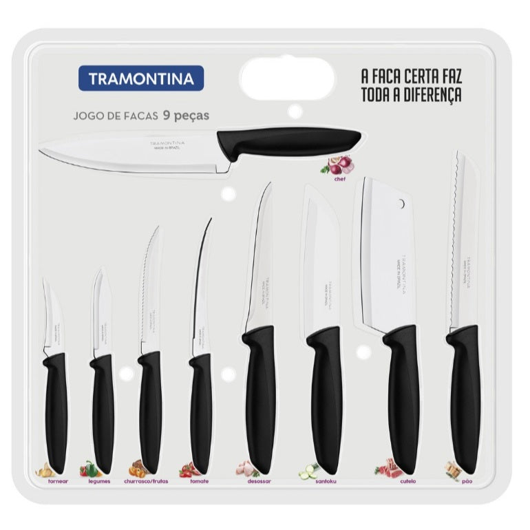 Jogo de Facas Tramontina Plenus com Lâminas em Aço Inox e Cabos de Polipropileno Preto 9 Peças