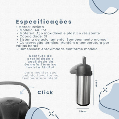 Garrafa Térmica Invicta Café Água Chá 3l Inox De Pressão Inox