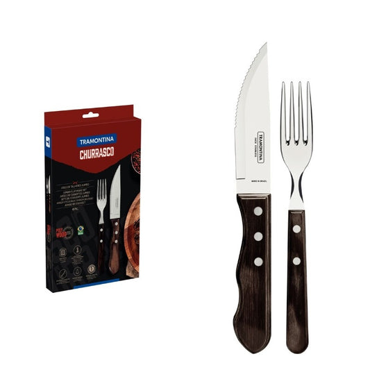Jogo de Talheres Jumbo para Churrasco Tramontina em Aço Inox com Cabo Castanho Polywood 4 Peças