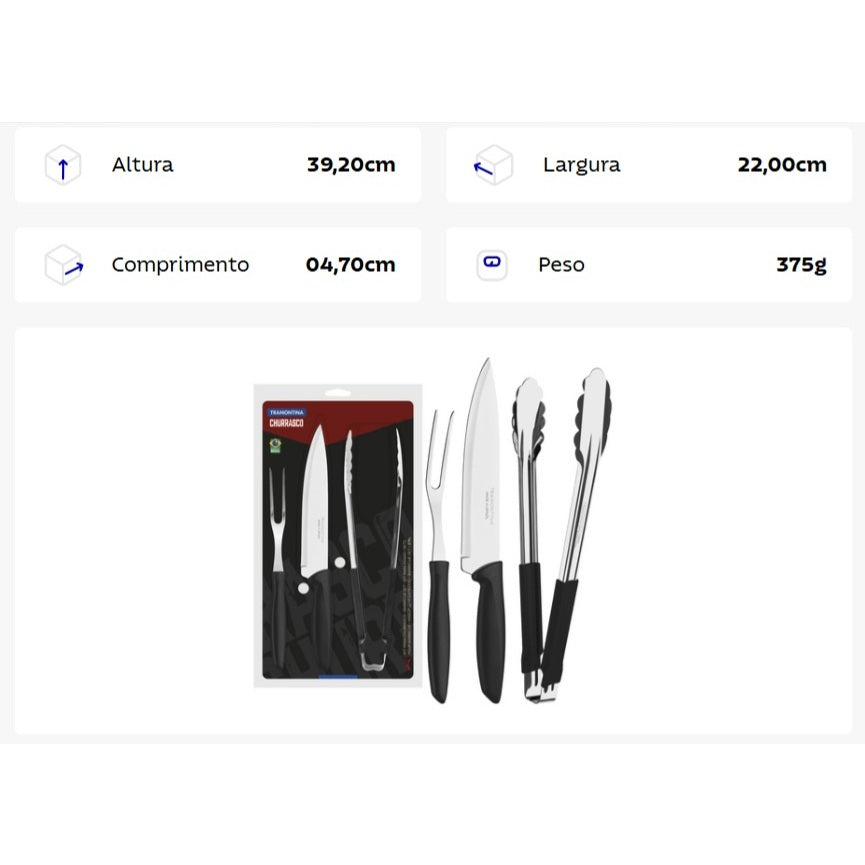 Kit para Churrasco Tramontina Plenus com Lâminas em Aço Inox e Cabos de Polipropileno Preto 3 Peças