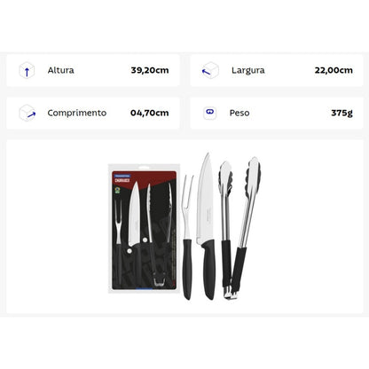 Kit para Churrasco Tramontina Plenus com Lâminas em Aço Inox e Cabos de Polipropileno Preto 3 Peças