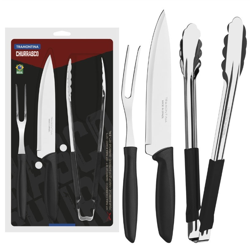 Kit para Churrasco Tramontina Plenus com Lâminas em Aço Inox e Cabos de Polipropileno Preto 3 Peças