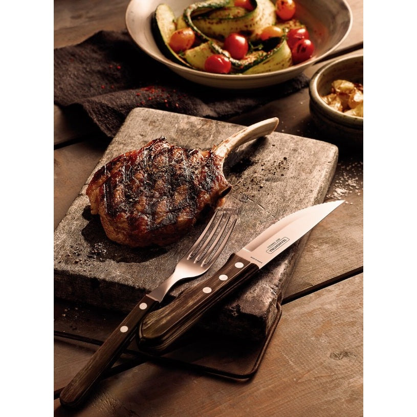 Jogo de Talheres Jumbo para Churrasco Tramontina em Aço Inox com Cabo Castanho Polywood 4 Peças