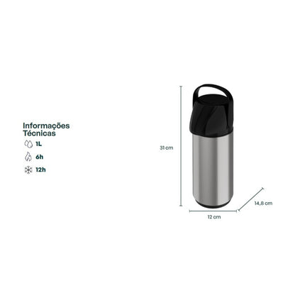 Garrafa Térmica Air Pot Inox New 1Litro Invicta Ampola de Vidro Super Resistente