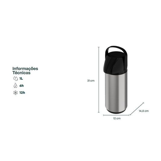 Garrafa Térmica Air Pot Inox New 1Litro Invicta Ampola de Vidro Super Resistente