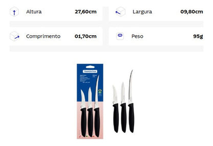 Jogo De Faca Plenus 3 Peças Tramontina 23498/012 Aço Inox Preto
