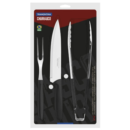 Kit para Churrasco Tramontina Plenus com Lâminas em Aço Inox e Cabos de Polipropileno Preto 3 Peças
