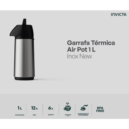 Garrafa Térmica Air Pot Inox New 1Litro Invicta Ampola de Vidro Super Resistente